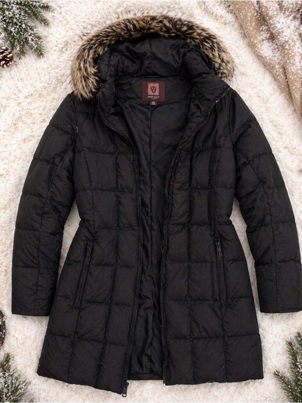 Anne Klein Black Quilted Puffer Coat Faux Fur Hood Womens Large Winter Jacket
